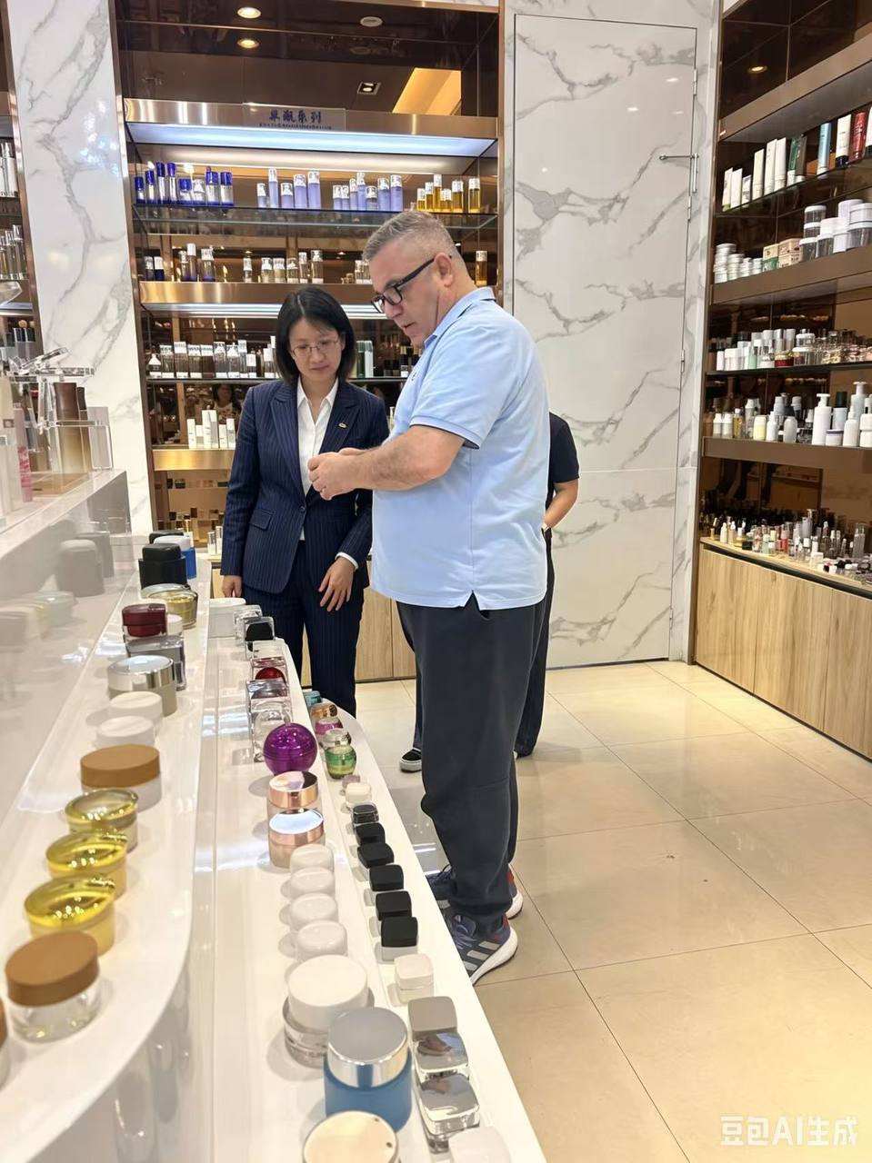 Inspecting cosmetic packaging at a supplier showroom